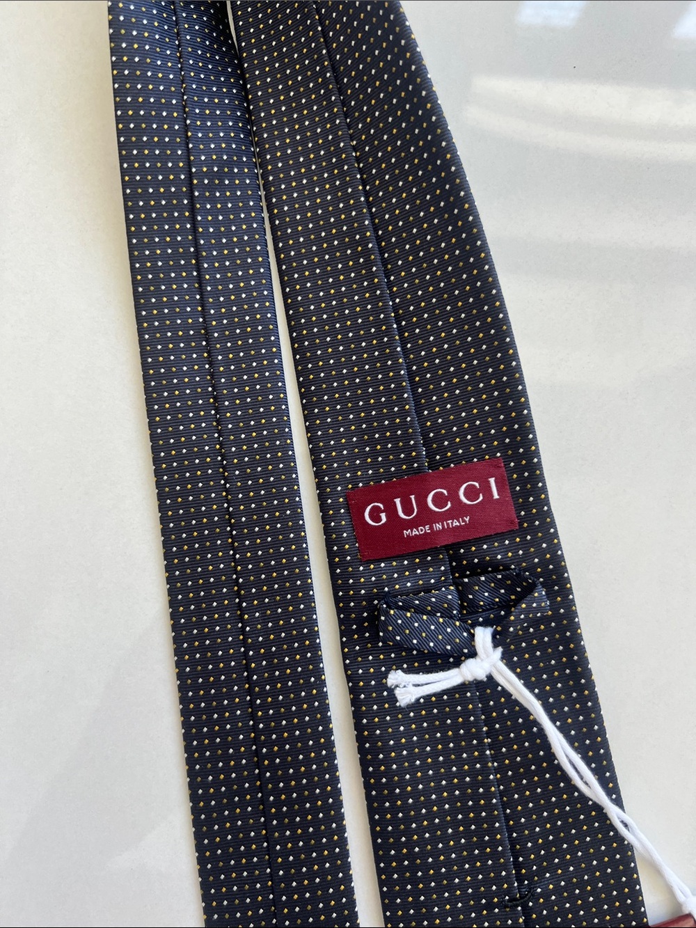 NWT Gucci Navy Silk Tie Gudots with Small White Microdots - Picture 2 of 5